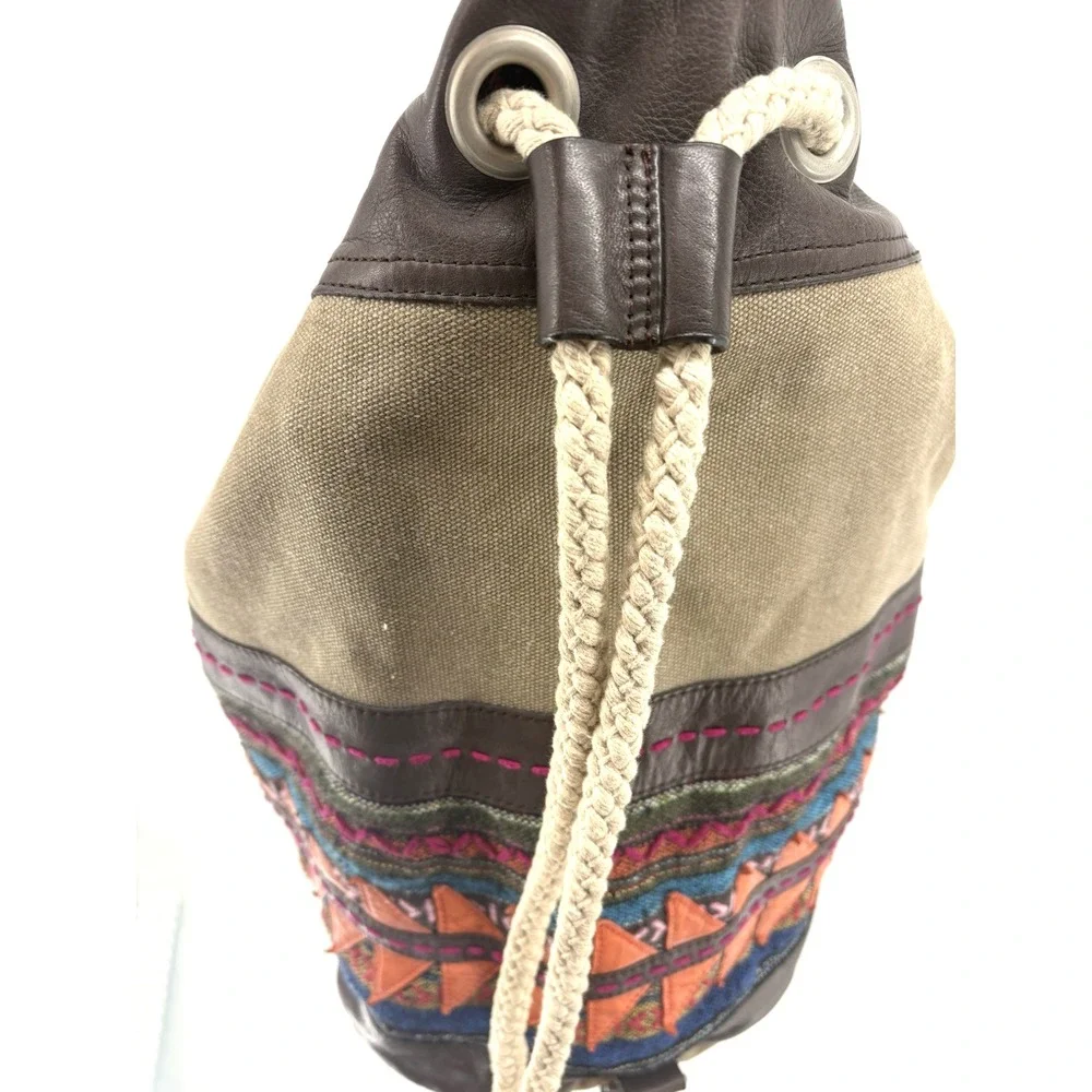 TOMS Canvas Drawstring Pouch Sak Bag Geometric Embroidered Boho Faux Leather